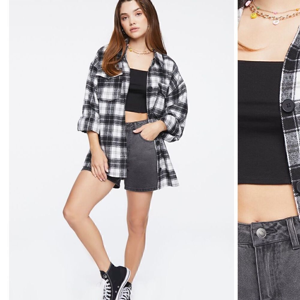 Forever 21 Plaid Button-Up Shacket Heavy Weight Black White